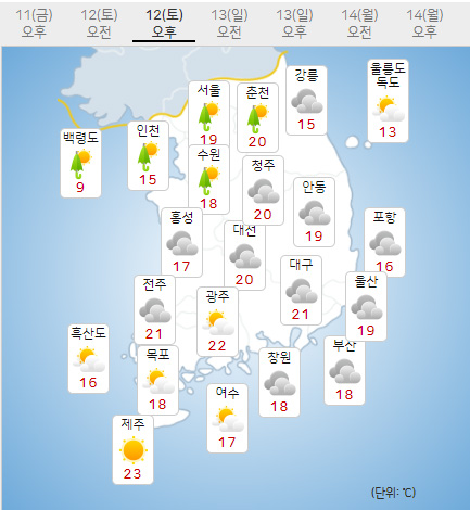 12일 토요일 오늘의날씨 (기상청 제공)