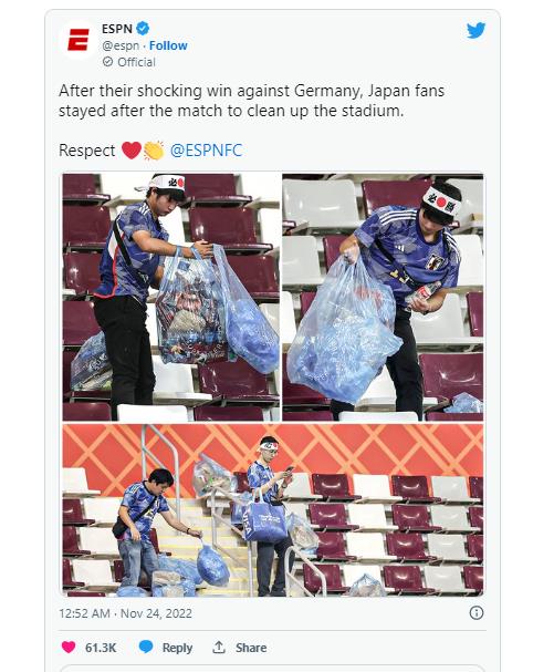 경기 후 청소하는 일본 팬들의 모습을 전한 ESPN. [ESPN SNS 캡처]