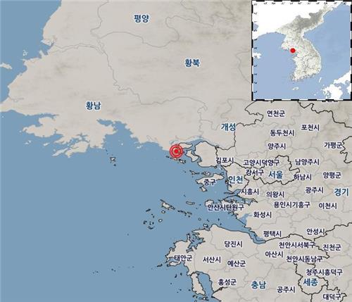 9일 오전 1시 28분께 규모 3.7 지진이 발생한 인천 강화군 서쪽 25㎞ 해역. [기상청 제공]