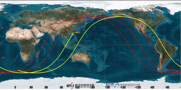 미국 지구관측위성 ERBS(Earth Radiation Budget Satellite)의 추락 예상 범위 (2023년 1월 9일 12시 47분 (KST) ± 4시간) 노란색: 예측 시간 전 4시간, 붉은색: 예측 시간 후 4시간 [과기정통부 제공]