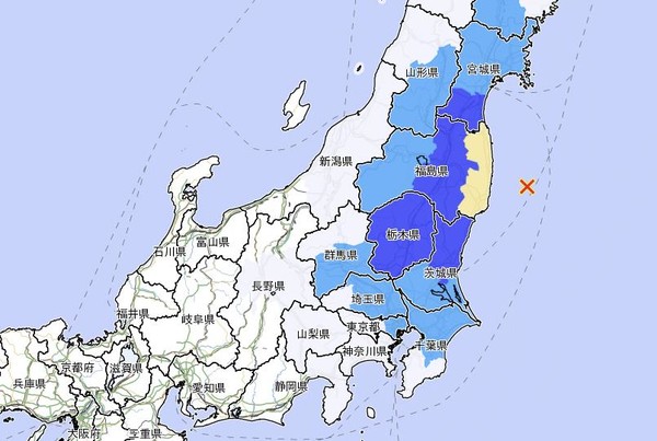 3월 17일 후쿠시마현 해역 지진 발생 지점. [일본 기상청 홈페이지 캡처]